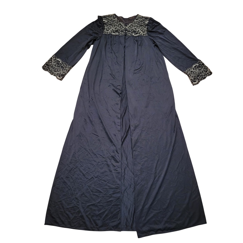 Shadowline S Robe Black Lace Trim Long Sleeve Maxi Pockets Vintage Whimsigoth